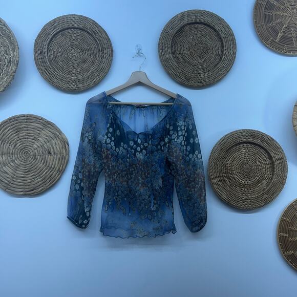 Vintage Y2K 2000s FANG Blue Flower Floral Tie Neck Sheer Blouse Top Medium Boho - Picture 2 of 6